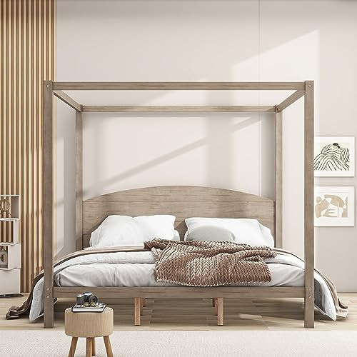 Harper & Bright Designs King Canopy Bed with Headboard,Wooden Canopy Bed Frame King with Support Legs, King Size Platform Bed Frame for Teens Adults, No Box Spring Needed (King,Brown Wash) | Amazon (US)