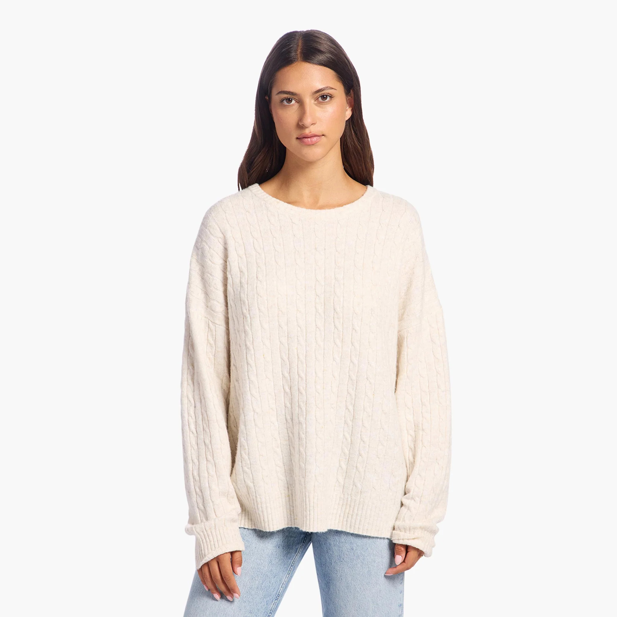 Cozy Knit Cable Crewneck Sweater | Heather Oat | Nuuds US