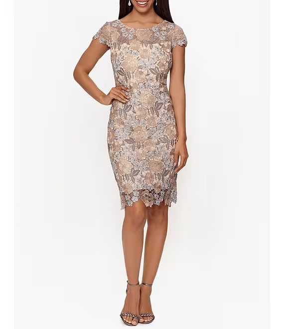 XscapeFloral Embroidered Lace Round Neck Cap Sleeve Sheath Dress | Dillard's