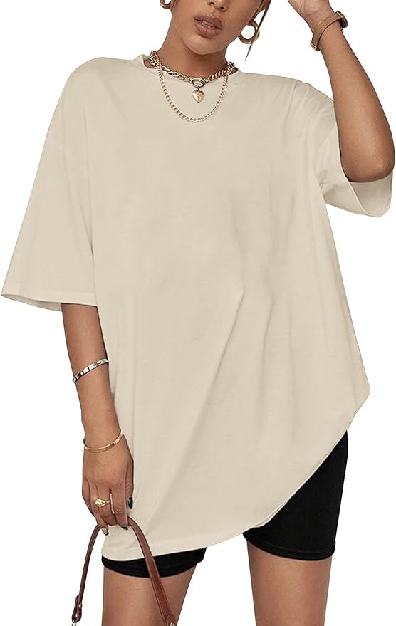 Lauweion Women Solid Basic Oversized T Shirt Short Sleeve Round Neck Loose Fit Drop Shoulder Tee ... | Amazon (US)
