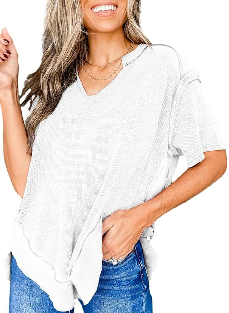 SHEWIN Women's Fashion Oversized T Shirts Casual Short Sleeve Henley Neck Summer Tops Tees | Amazon (US)