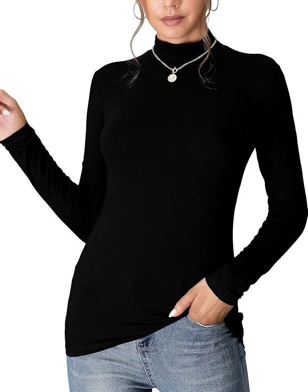 MANGDIUP Women's Mock Turtle Neck Long Sleeve Sleeveless Pullover Tops Slim Fit Basic Lightweight So | Amazon (US)