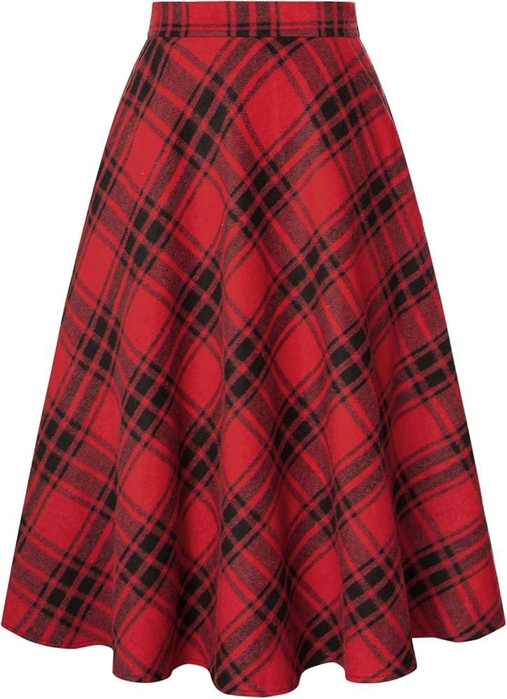 Belle Poque Women Plaid Skirt with Pockets Midi Length High Elastic Waisted Vintage A Line Fall W... | Amazon (US)