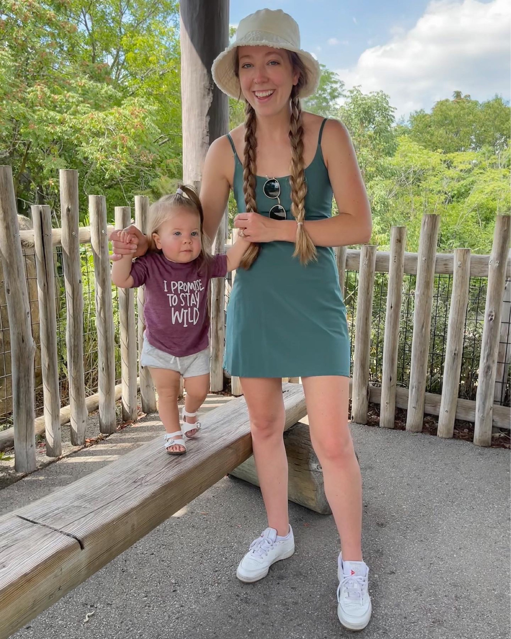 Abercrombie dress. Abercrombie style. Summer style. Mom style. Bucket hat. Reebok sneakers. White sneakers. 

#LTKshoecrush #LTKsalealert #LTKbaby