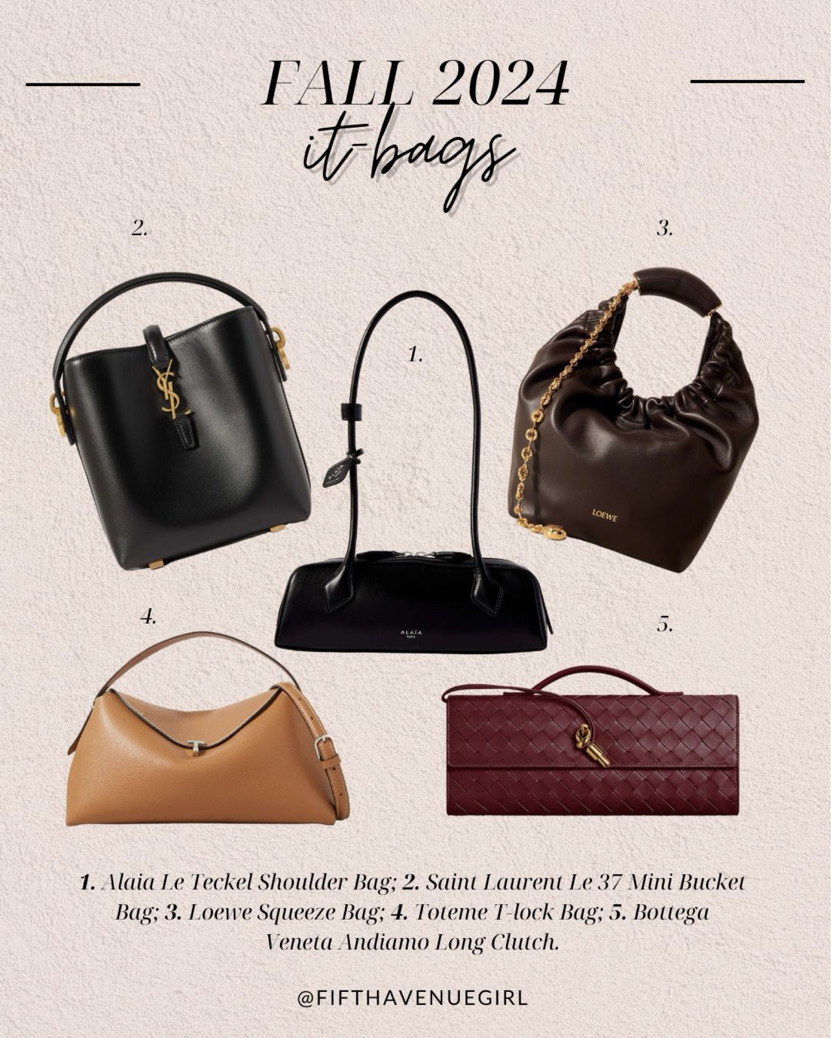 It-bags of Fall 2024 1. Alaïa Le Teckel; 2. Saint Laurent Le 37 Mini Bucket Bag; 3. Loewe Squeeze Bag; 4. Toteme T-lock Bag; 5. Bottega Veneta Andiamo Clutch. More it-bags on my blog FifthAvenueGirl.com