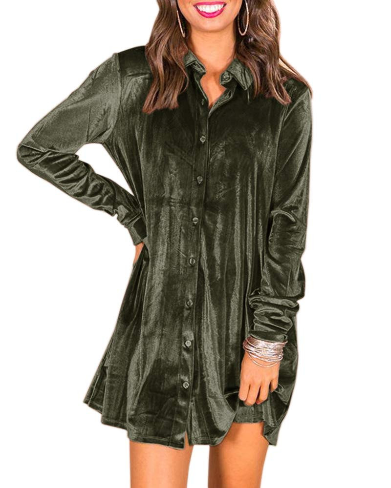 Ivay Women's Spring Button Down Tshirt Dresses Velvet Tunic Dress with Pockets | Amazon (US)