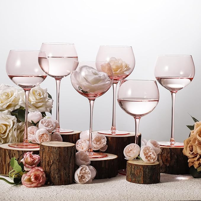Balloon Shaped Pink Wine Glasses Set 6-15oz Hand Blown Morandi Pink Crystal Glassware with Long S... | Amazon (US)