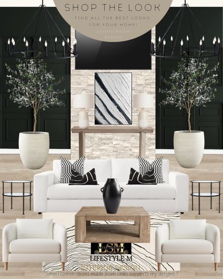 Modern transitional living room idea. Wood square coffee table, round black end table, white accent chair, white black stripe rug, stripped throw pillow, black throw pillow, black vase, wood console table, table lamp, black white modern wall art, black wheel chandelier, white sofa, realistic faux fake tree.

#LTKhome #LTKFind #LTKstyletip