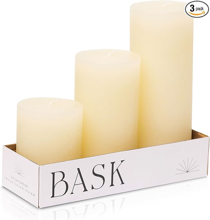 BASK Mottled Pillar Candles - Unscented Ivory Pillar Candles Set of 3 - Dripless, Smokeless for A... | Amazon (US)