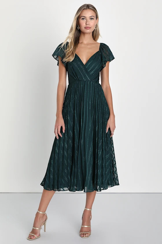 Standout Sophistication Emerald Lurex Flutter Sleeve Midi Dress | Lulus
