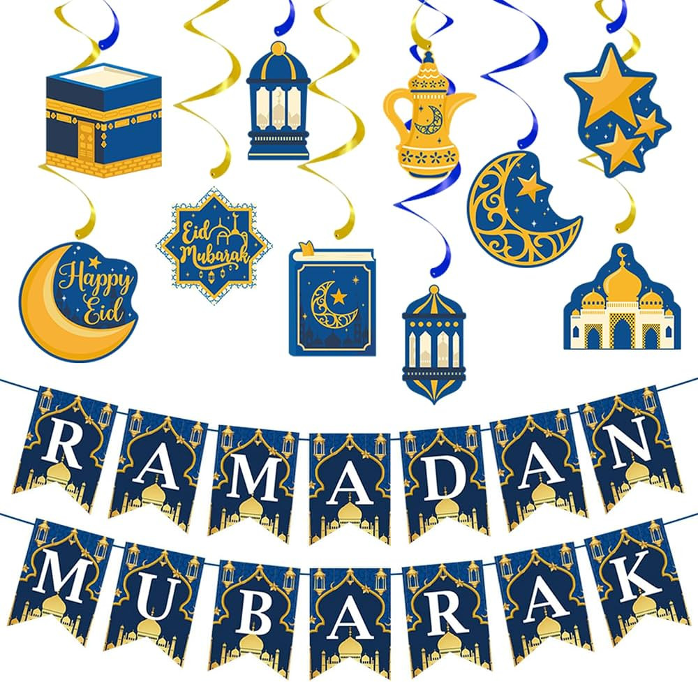 Jsdoin Ramadan Mubarak Decorations, Ramadan Mubarak Banner and Shining Star Moon Hanging Swirl, E... | Amazon (UK)