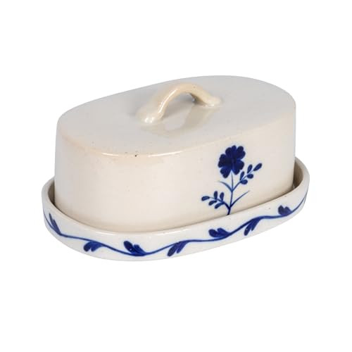 Creative Co-Op Hand-Painted Stoneware Butter Dish with Flower, Blue and White | Amazon (US)