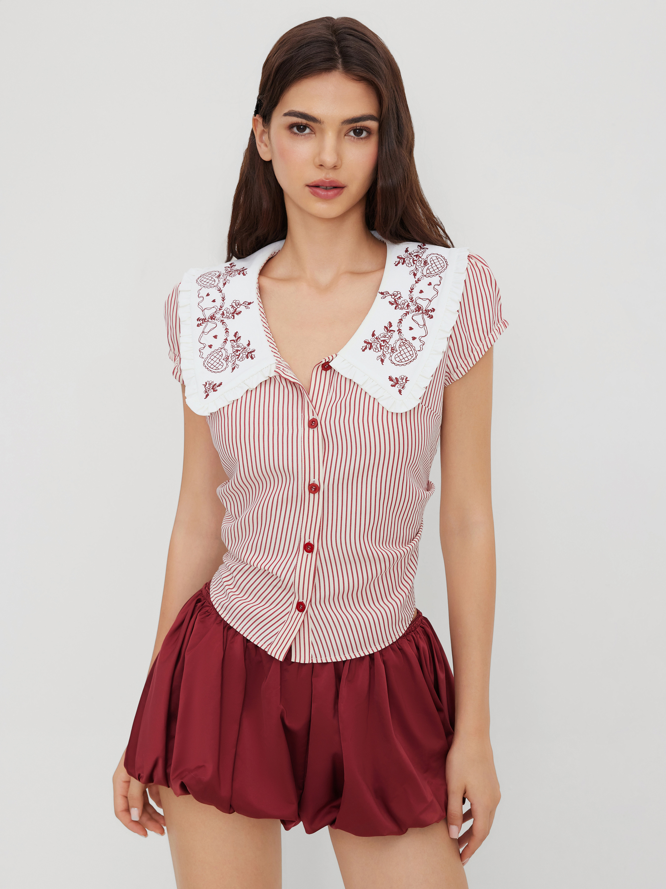 Woven Embroidery Peter Pan Collar Stripe Ruched Shirt For Daily Casual Work | Cider