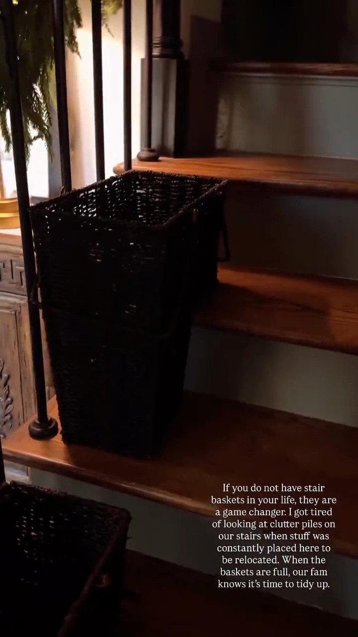 If you do not have stair baskets in your life, they are a game changer. I got tired of looking at clutter piles on our stairs when stuff was constantly placed here to be relocated. When the baskets are full, our fam knows it’s time to tidy up.



#LTKHome