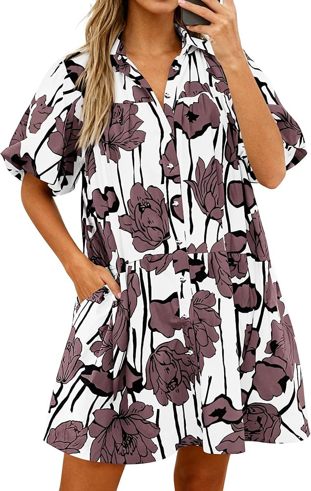 PRETTYGARDEN Womens Summer Dresses 2026 Casual Puff Sleeve Button Down Mini Shirt Dress Boho Flor... | Amazon (US)