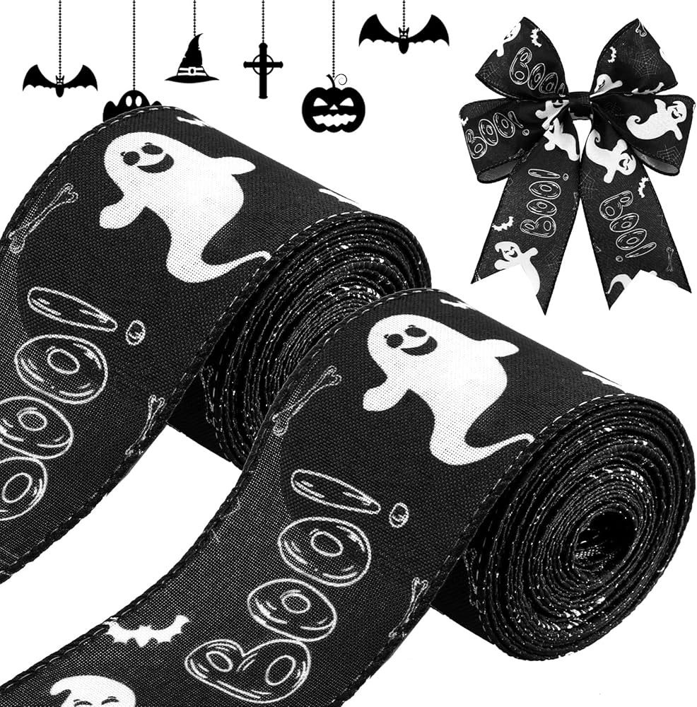 Canlierr 2 Rolls 12 Yards Halloween Wired Ribbons Spiderweb/ Ghost Printed Decorative Wrapping Po... | Amazon (US)