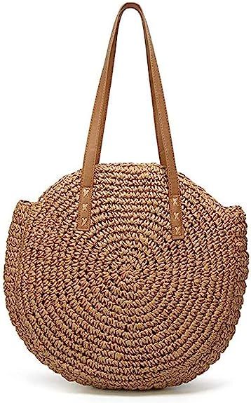 Women's Straw Handbags Large Summer Beach Tote Woven Round Pompom Handle Shoulder Bag | Amazon (US)