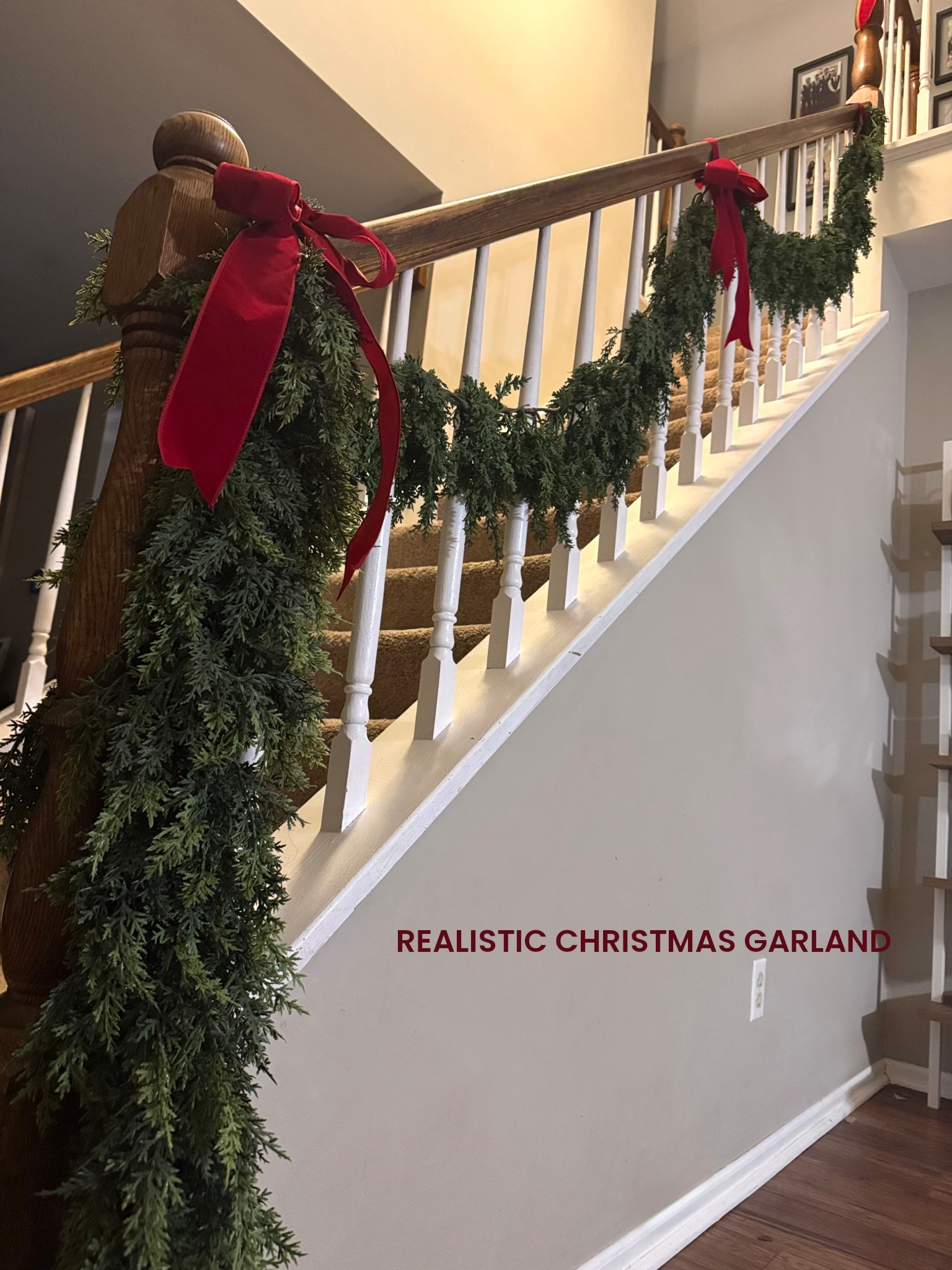 Our staircase is officially ready for Christmas ♥️
I used this super full, realistic garland and paired it with classic red velvet bows to give the whole entryway that timeless holiday look. It drapes beautifully, is easy to shape, and instantly makes the space feel warm and festive.

Linking the exact garland and bows I used so you can recreate the look in your home 🎄
#HolidayHome #ChristmasDecor #GarlandDecor #LTKHoliday #LTKHome #CozyChristmas #StaircaseDecor #HolidayEntryway #ChristmasHomeDecor #LTKSeasonal