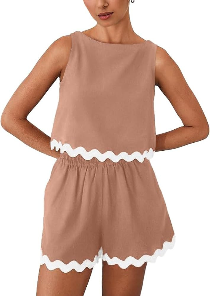 GRECERELLE Women 2025 Summer 2 Piece Outfits Set Lace Trim Crewneck Tank Crop Top and Shorts Loun... | Amazon (US)