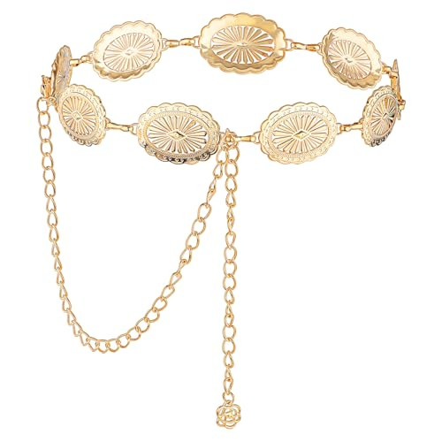 JIEYAO Western Concho Chain Belt, Adjustable Metal Waist Chain, Cowgirl Boho Belts for Women Country Concert Outfit for Dress(Gold) | Amazon (US)