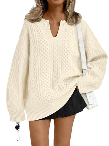 Trendy Queen Cream Sweaters for Women Trendy Oversized Cable Knit V Neck 2025 Early Fall Fashion Outfits Clothes Cozy Pullover Cute Sweaters Tops Casual Winter Clothing Beige M | Amazon (US)