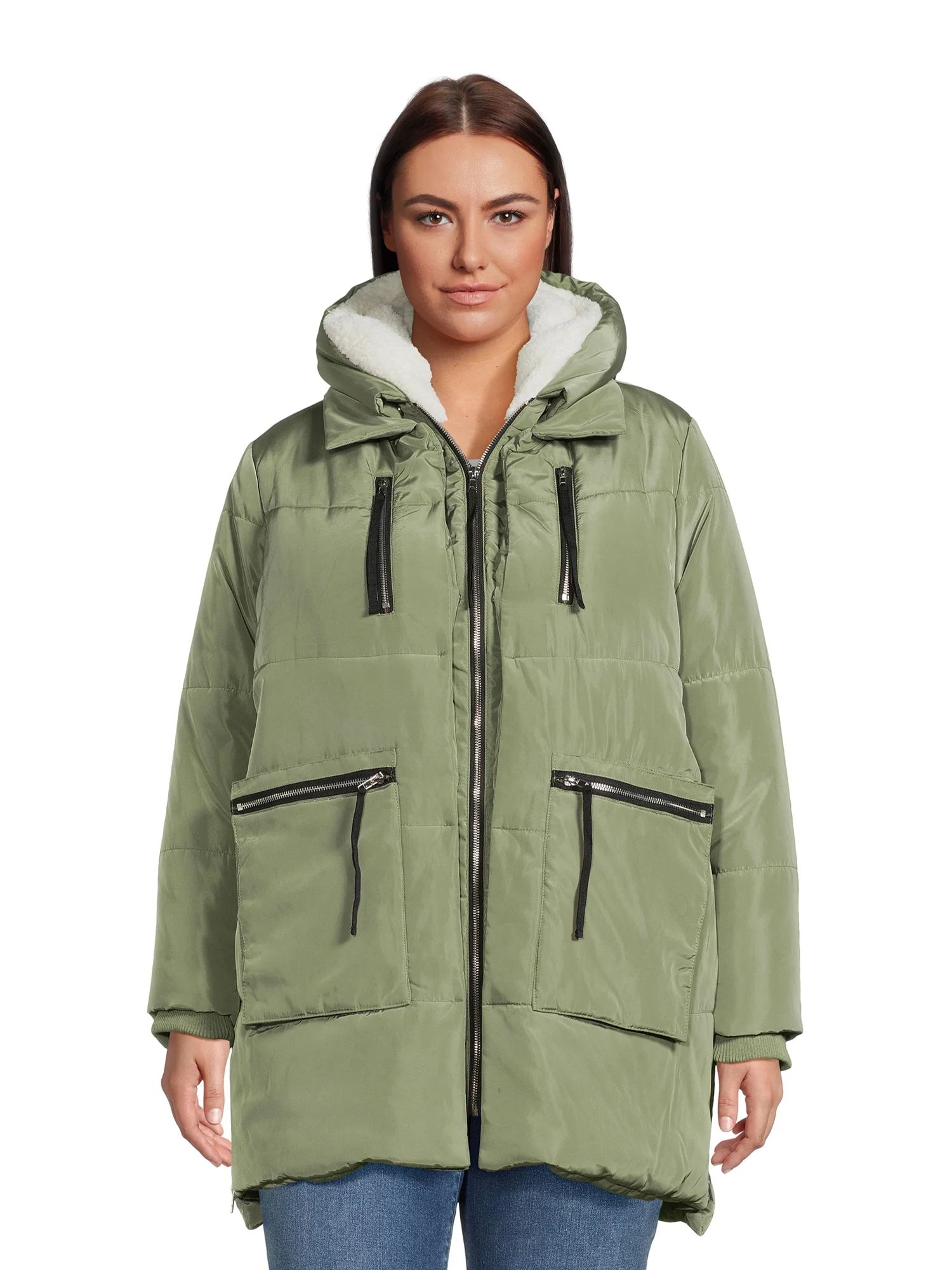 Jason Maxwell Plus Women's Poly Puffer Coat w/ Sherpa Lined Hood - Walmart.com | Walmart (US)