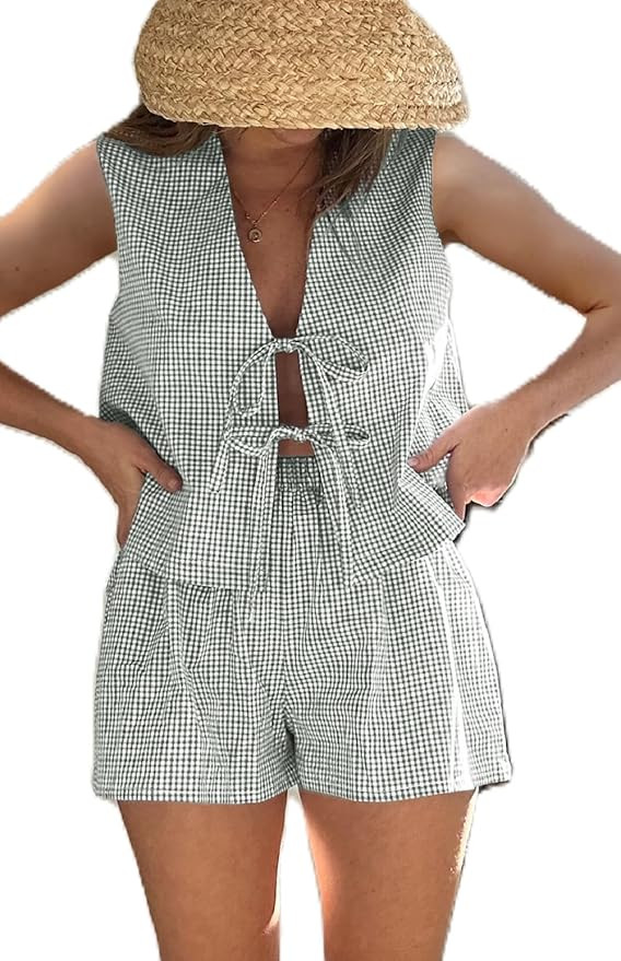 Women 2 Piece Gingham Lounge Sets Y2k Tie Front Vest Top Plaid Boxer Shorts Matching Pj 2pcs Paja... | Amazon (US)