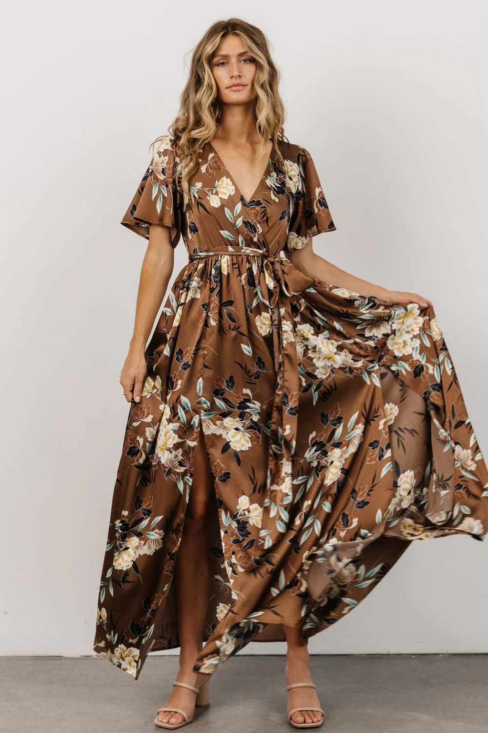 Sicily Satin Maxi Dress | Mocha Floral | Baltic Born