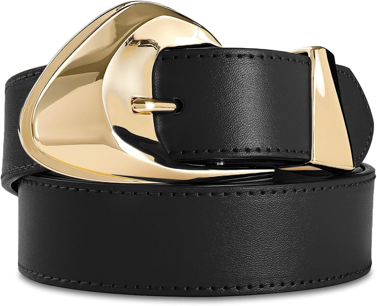 Women's Brown Belt Trend Belt with Gold Buckle Fashion Leather Waist Belt for Jeans Pants | Amazon (US)