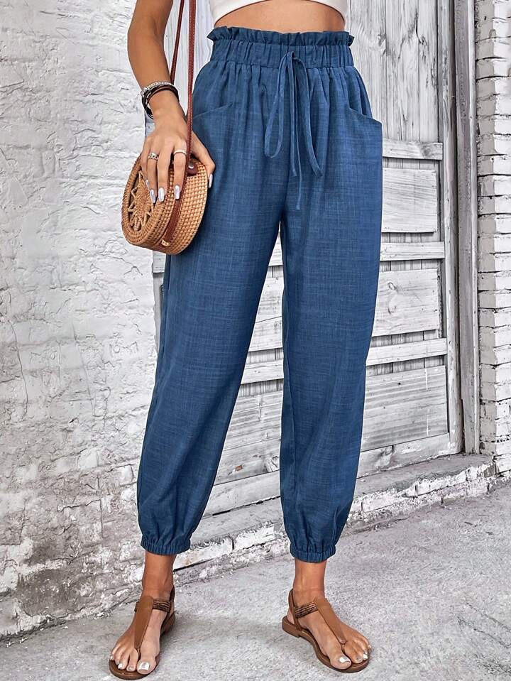 SHEIN VCAY Paper Bag Waist Drawstring Cuffed Pants | SHEIN USA | SHEIN