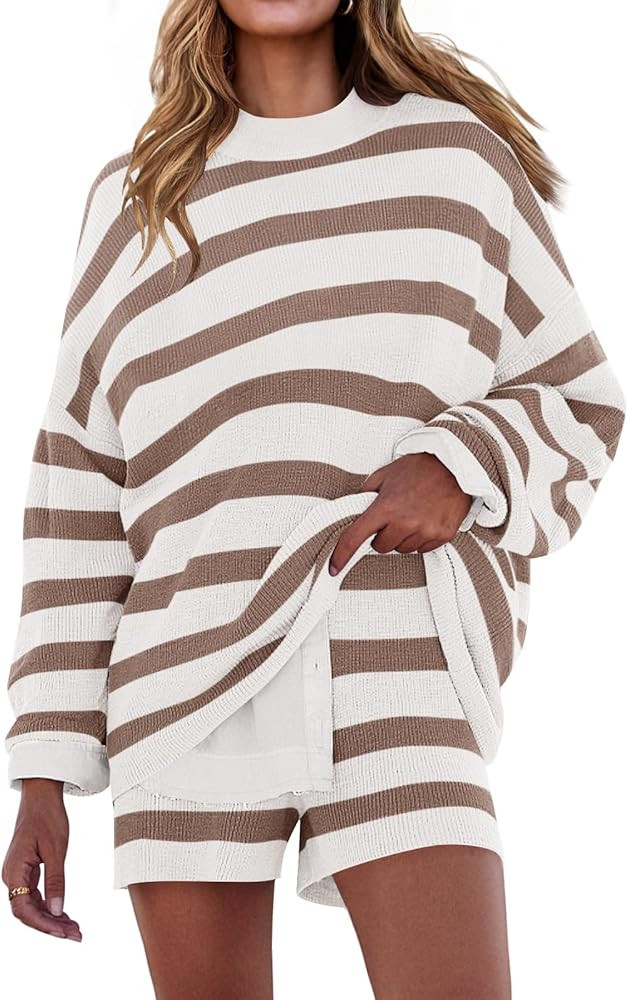 ZESICA Striped Lounge Sets for Women 2 Piece Oversized Outfits Long Sleeve Tops and Shorts Sweate... | Amazon (US)