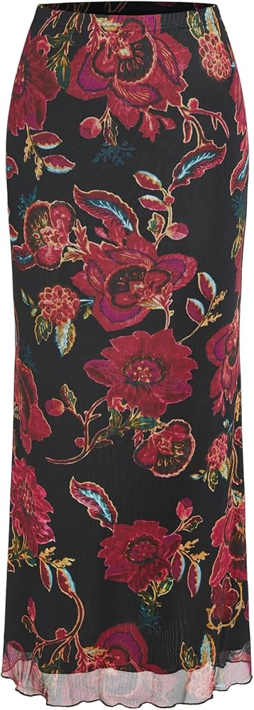 CIDER Women’s Mesh Floral Boho High Waisted Grunge Long Midi Fall Skirts Western Outfits | Amazon (US)