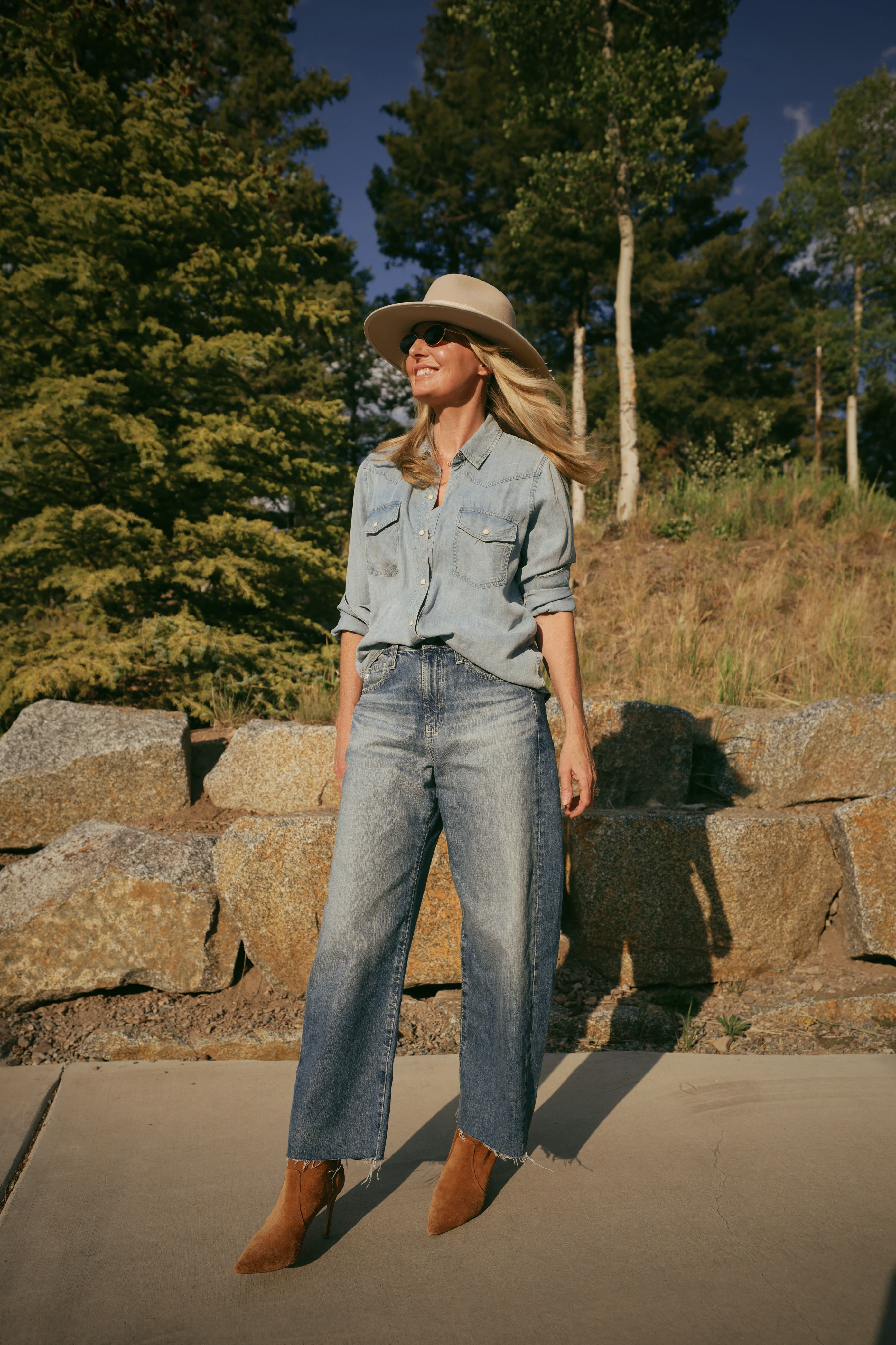This is the version of the outfit where you stop thinking about the outfit!

The best sign that an outfit is working: you forget you're wearing it. That's this one, chambray shirt, wide-leg jean, suede boot, hat. Comfortable enough to just live in for the day!

#LTKootd #LTKOver40 #LTKSaleAlert