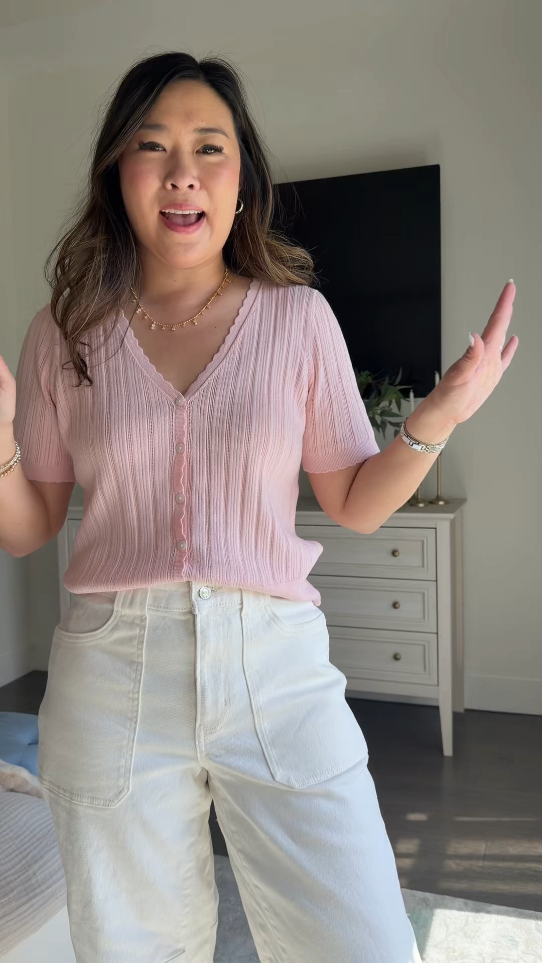 Walmart Spring Fashion 
Pink Cardigan: Medium
White Denim: 8 

#LTKootd #LTKMothersDay #LTKPetite