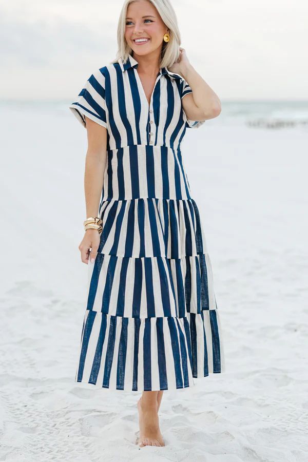 Search Your Heart Navy Blue Striped Midi Dress | The Mint Julep Boutique