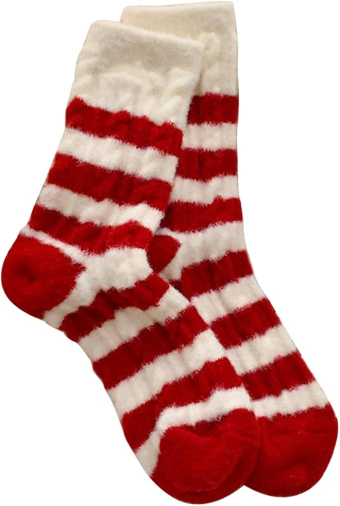 Fashionable Women’s Red Striped Christmas Socks Cozy and Warm Fuzzy Slipper Socks with Non Slip... | Amazon (US)