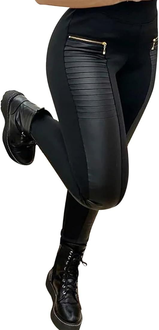 Flamingals Faux Leather Leggings for Women High Waisted Stretchy Patch Zip | Amazon (US)