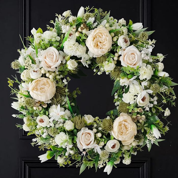 Artificial Floral Wreath for Front Door, 22" White Peony Rose Wreath for Indoor Outdoor Home Wall... | Amazon (US)