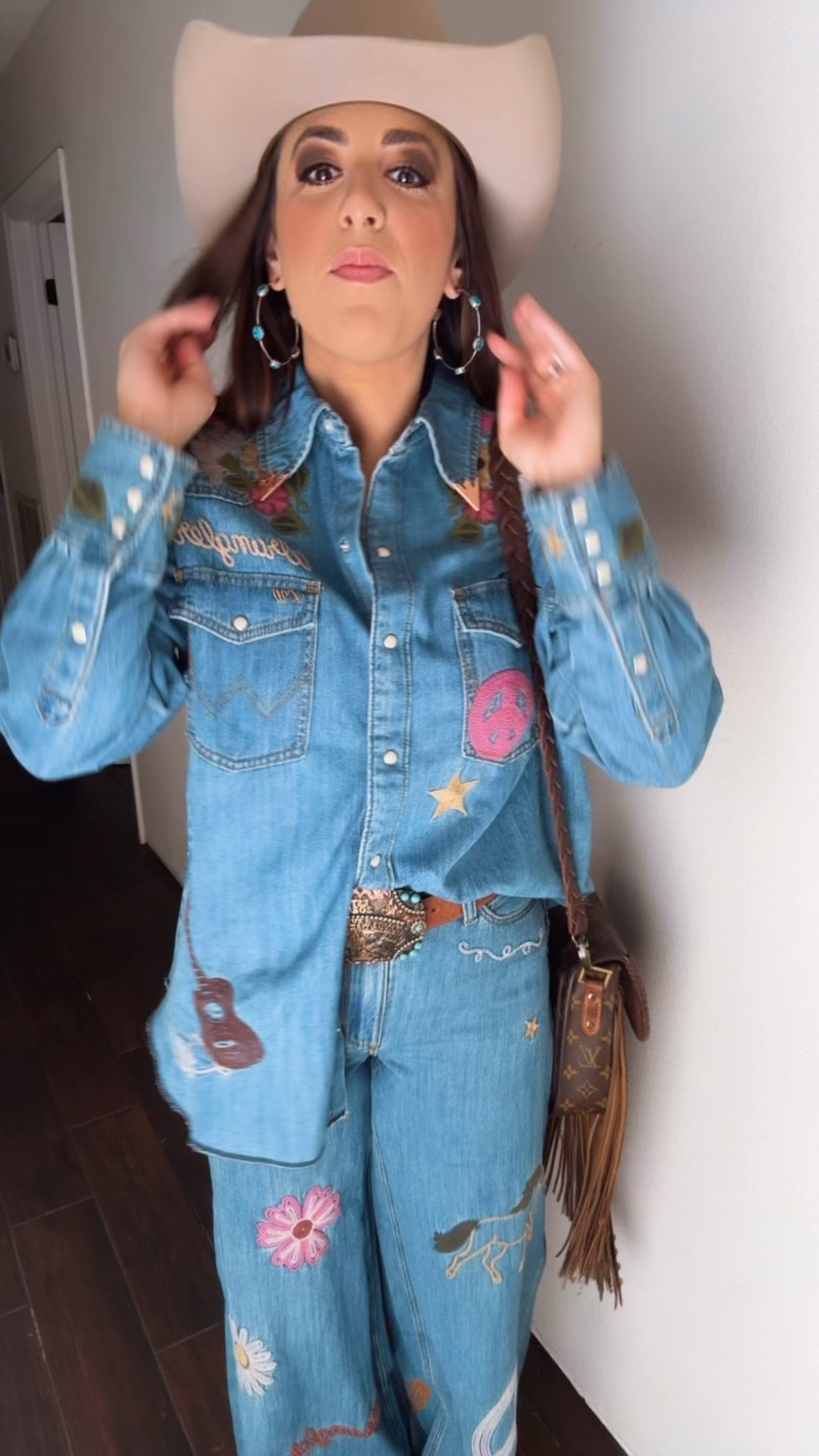 Wearing a medium in the Wrangler and Lainey Wilson denim top wearing a 29 and the denim bell bottom jeans from wrangler Lane Boots linked here true to size
Lane Boots discount code Kiersten10￼

#LTKootd #LTKFestival #LTKgrwm