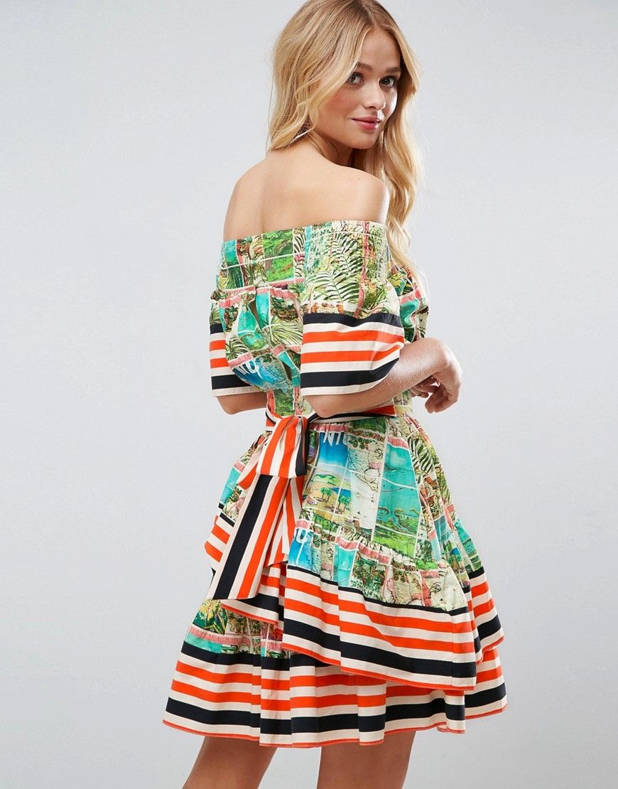 ASOS Off Shoulder Dress in Postcard and Stripe Print - Multi | ASOS US