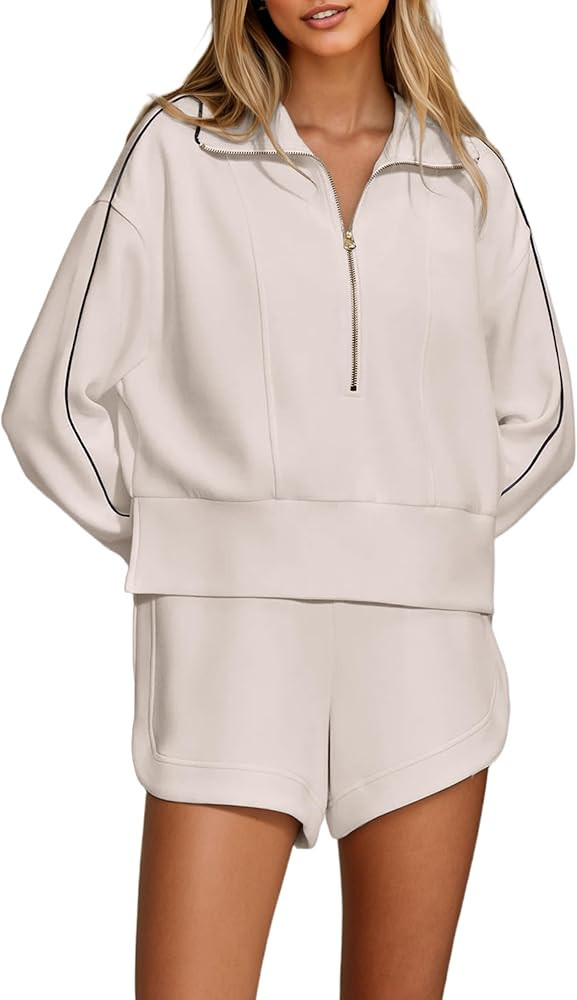Women Two Piece Outfits Y2K Half Zip Lapel Collar Long Sleeve Side Slit Sweatshirt High Waist Sho... | Amazon (US)