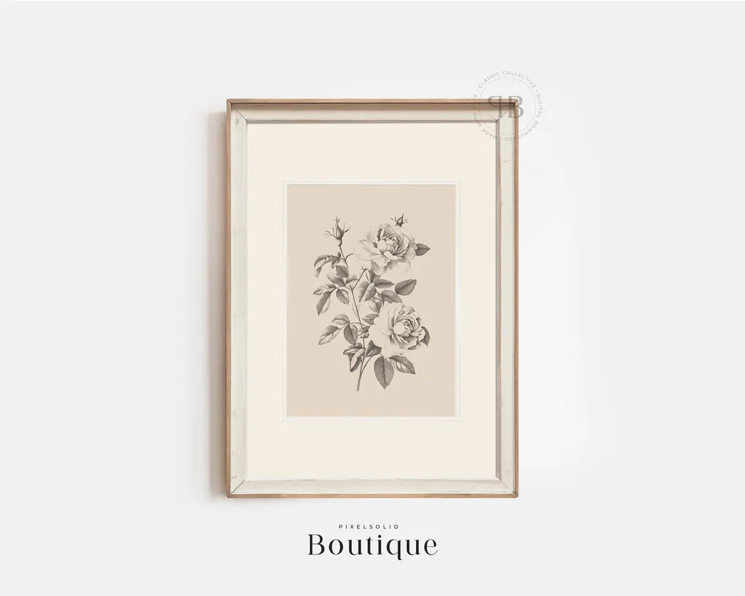 Black and White Rose Illustration Digital Download, Vintage Style Botanical Wall Art, Minimalist ... | Etsy (US)