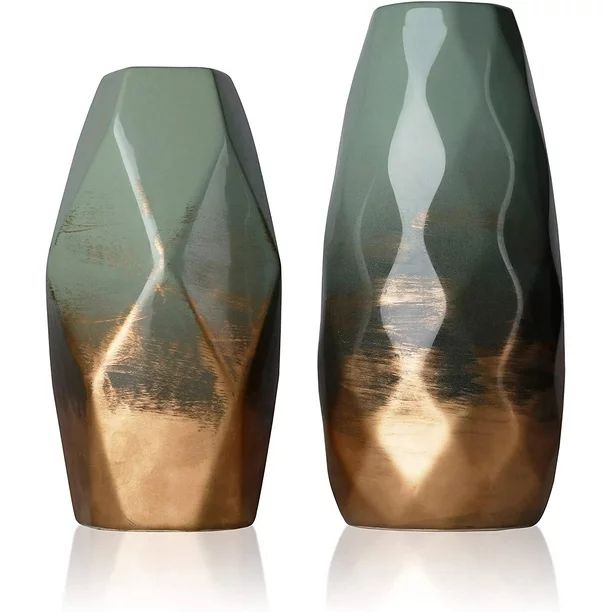 Modern Geometric Ceramic Vases Set of 2, Green and Gold Vase for Home Decor, Decorative Vase for ... | Walmart (US)
