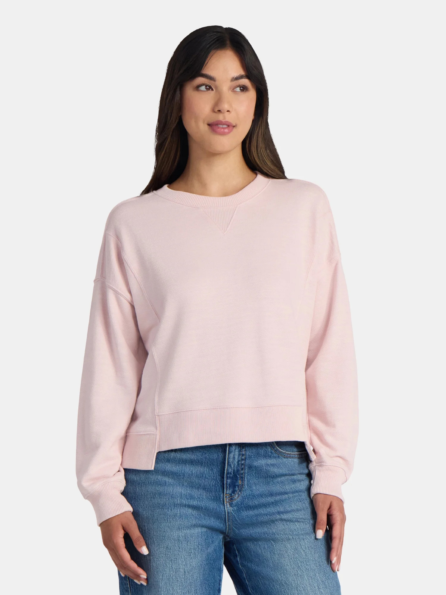 Time and Tru Women’s Ribbed Panel Sweatshirt with Long Sleeves, Sizes XS-XXXL - Walmart.com | Walmart (US)