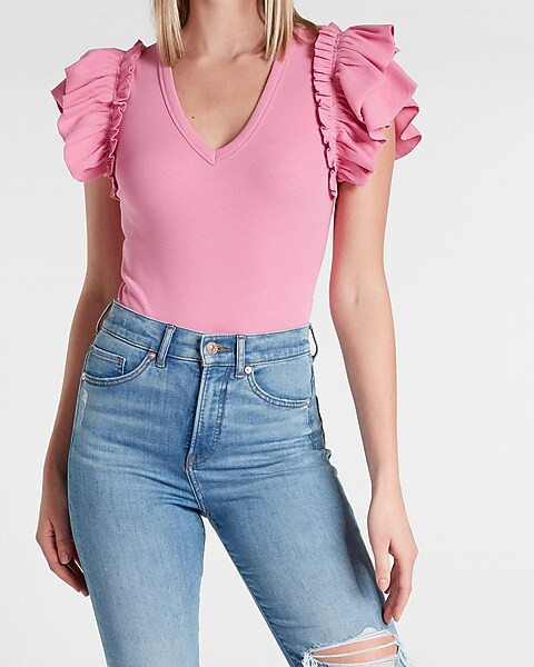V-Neck Ruffle Sleeve Thong Bodysuit | Express