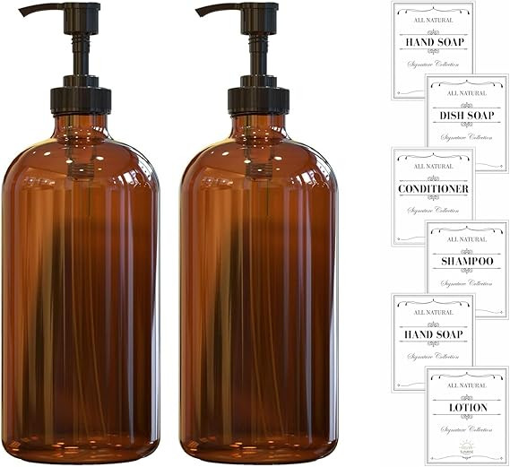 16 OZ Thick Amber Glass Soap Dispenser with Plastic Pump 2 Pack, Hand and Dish Soap Dispenser Set... | Amazon (US)