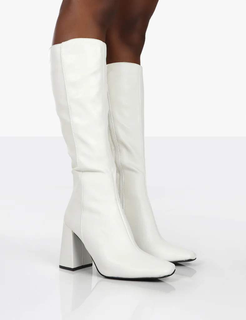 Apology White Pu Knee High Block Heel Boots | Public Desire