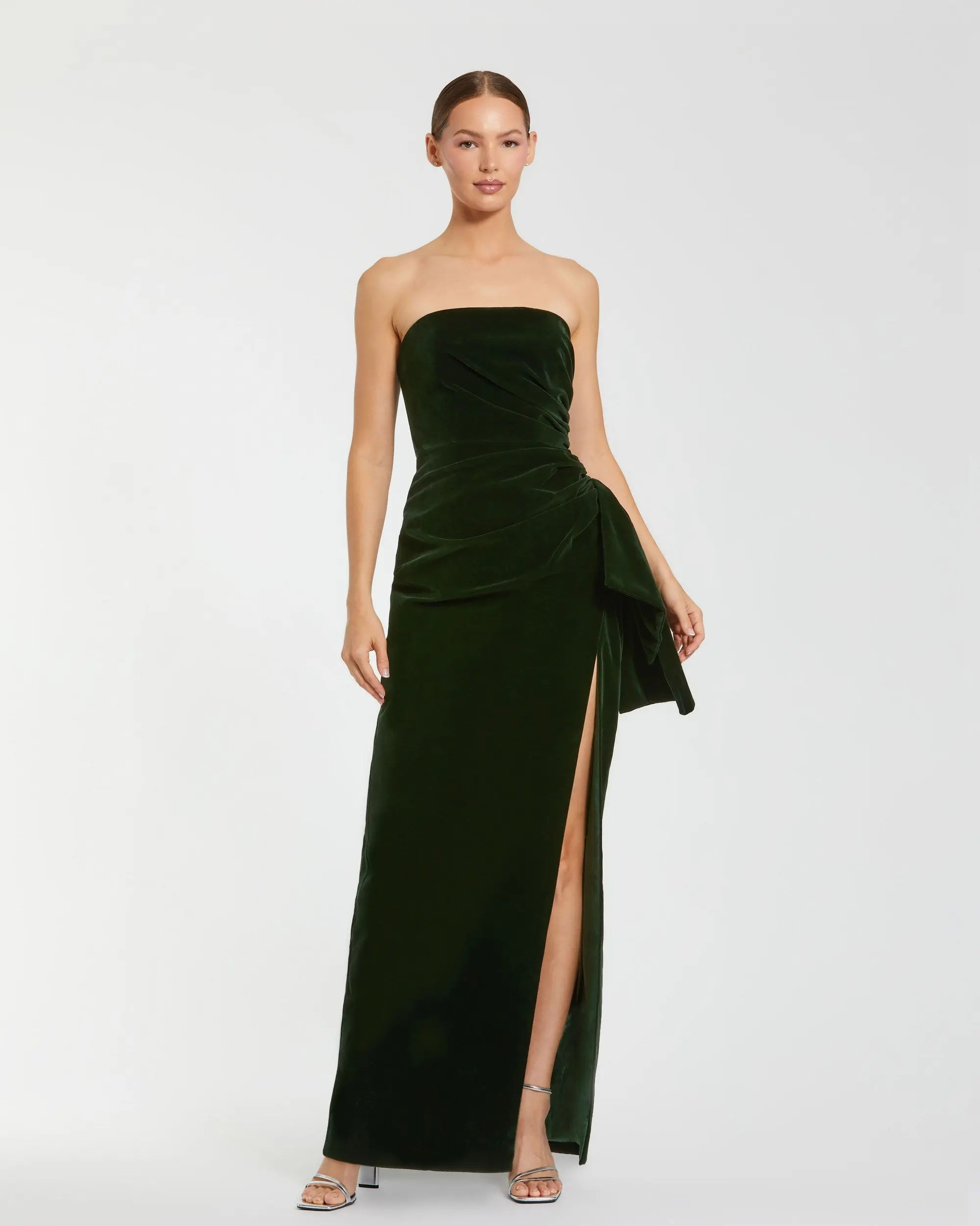 Green Strapless High Slit Draped Velvet Gown | Mac Duggal | Mac Duggal