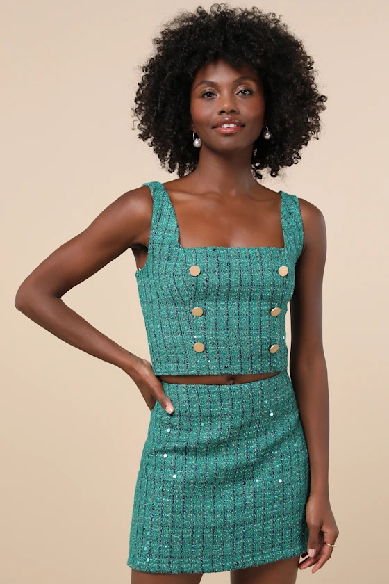 Exceptional Season Green Tweed Lurex Sequin Mini Skirt | Lulus