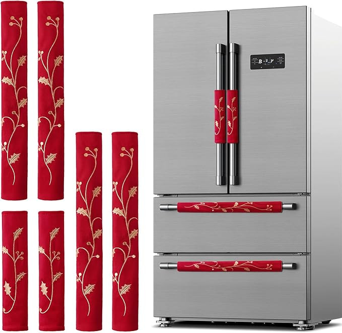 Christmas Refrigerator Handle Covers: 6PC Red Luxury Velvet Handle Covers with Gold Embroidered H... | Amazon (US)